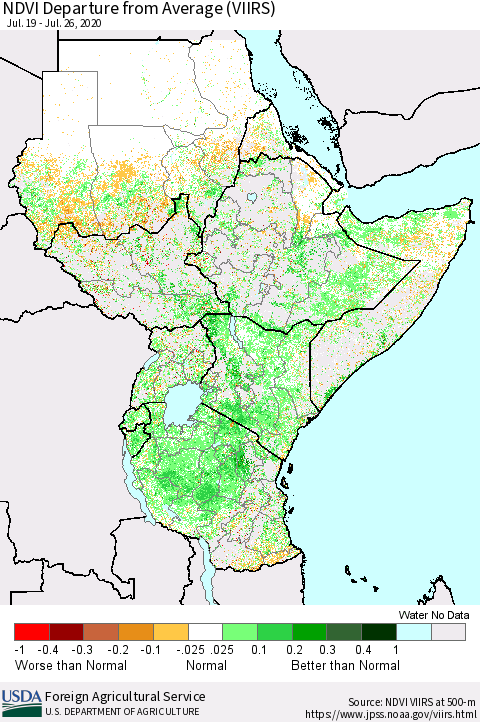 Eastern Africa NDVI Departure from Average (VIIRS) Thematic Map For 7/21/2020 - 7/31/2020