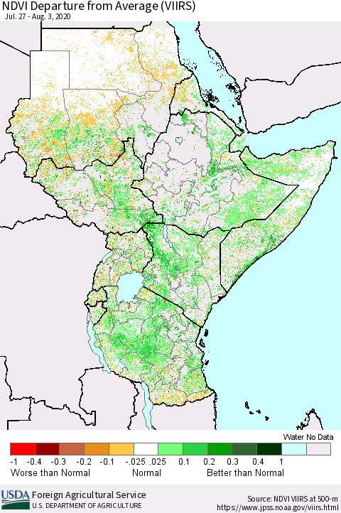 Eastern Africa NDVI Departure from Average (VIIRS) Thematic Map For 8/1/2020 - 8/10/2020