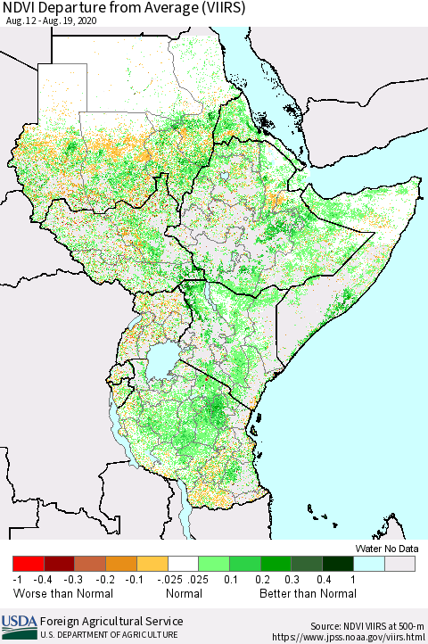 Eastern Africa NDVI Departure from Average (VIIRS) Thematic Map For 8/11/2020 - 8/20/2020