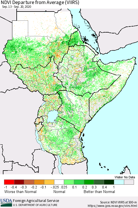 Eastern Africa NDVI Departure from Average (VIIRS) Thematic Map For 9/11/2020 - 9/20/2020