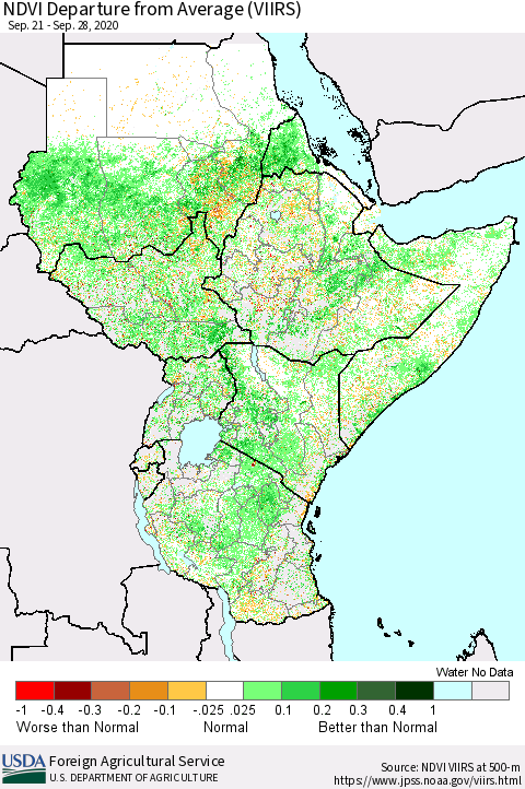 Eastern Africa NDVI Departure from Average (VIIRS) Thematic Map For 9/21/2020 - 9/30/2020