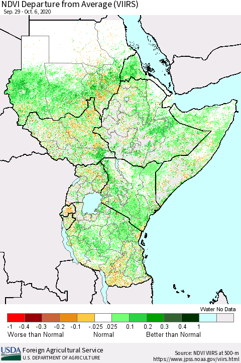 Eastern Africa NDVI Departure from Average (VIIRS) Thematic Map For 10/1/2020 - 10/10/2020