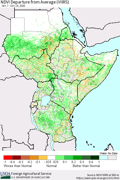 Eastern Africa NDVI Departure from Average (VIIRS) Thematic Map For 10/11/2020 - 10/20/2020