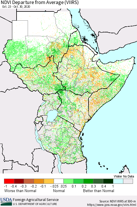 Eastern Africa NDVI Departure from Average (VIIRS) Thematic Map For 10/21/2020 - 10/31/2020