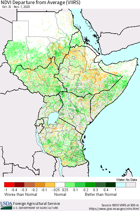 Eastern Africa NDVI Departure from Average (VIIRS) Thematic Map For 11/1/2020 - 11/10/2020