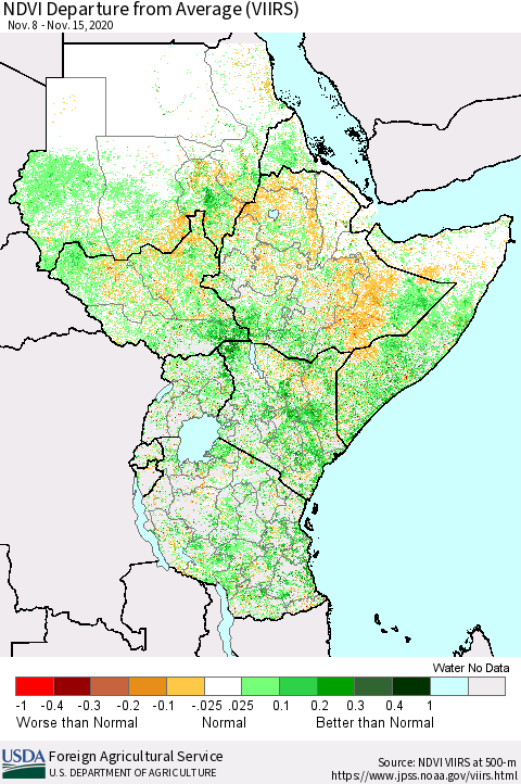 Eastern Africa NDVI Departure from Average (VIIRS) Thematic Map For 11/11/2020 - 11/20/2020