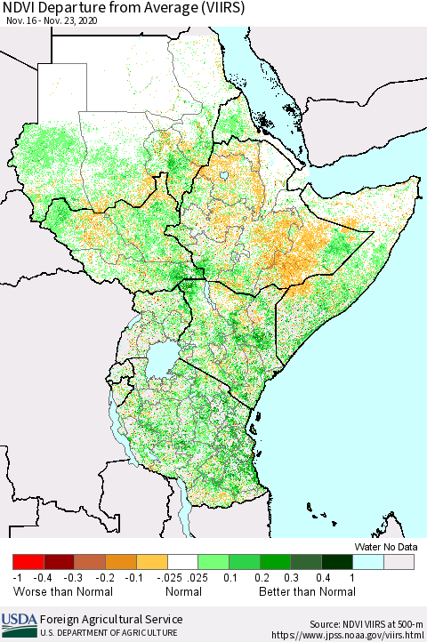 Eastern Africa NDVI Departure from Average (VIIRS) Thematic Map For 11/21/2020 - 11/30/2020