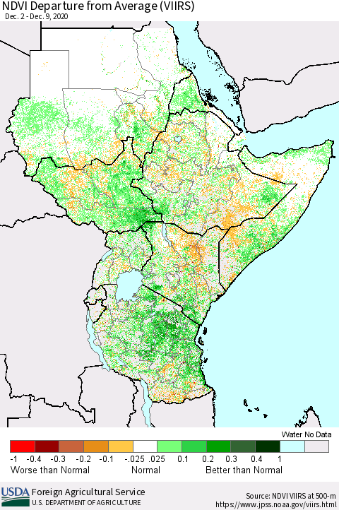 Eastern Africa NDVI Departure from Average (VIIRS) Thematic Map For 12/1/2020 - 12/10/2020