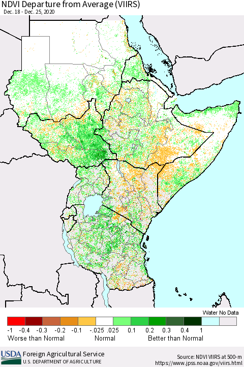 Eastern Africa NDVI Departure from Average (VIIRS) Thematic Map For 12/21/2020 - 12/31/2020