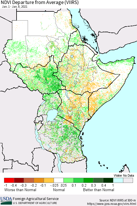 Eastern Africa NDVI Departure from Average (VIIRS) Thematic Map For 1/1/2021 - 1/10/2021