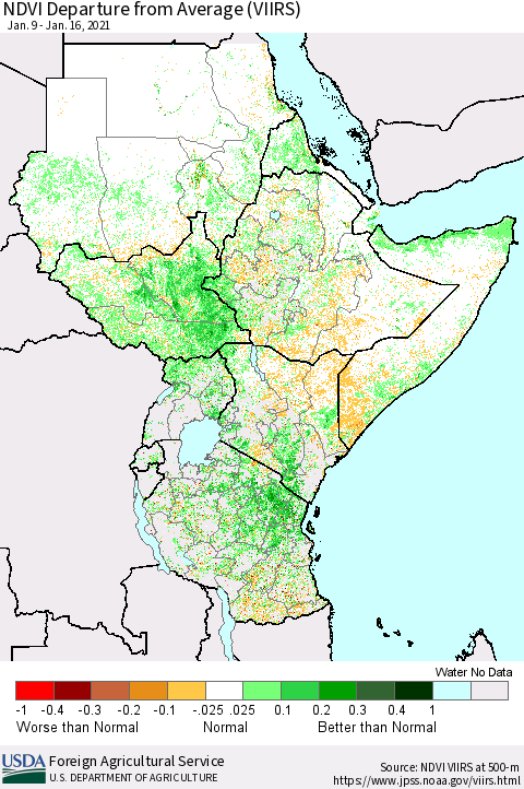 Eastern Africa NDVI Departure from Average (VIIRS) Thematic Map For 1/11/2021 - 1/20/2021