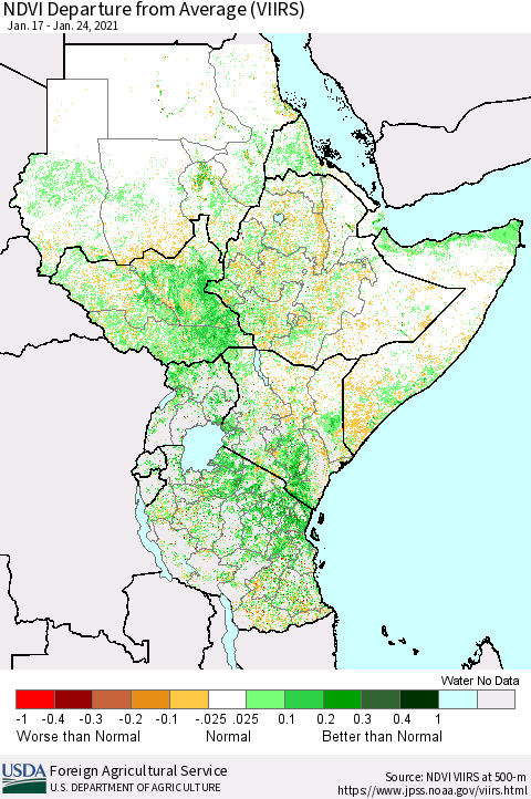 Eastern Africa NDVI Departure from Average (VIIRS) Thematic Map For 1/21/2021 - 1/31/2021