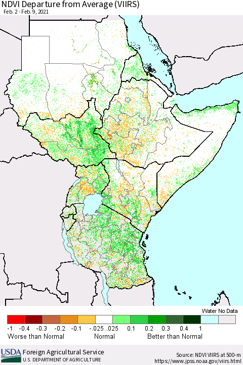 Eastern Africa NDVI Departure from Average (VIIRS) Thematic Map For 2/1/2021 - 2/10/2021