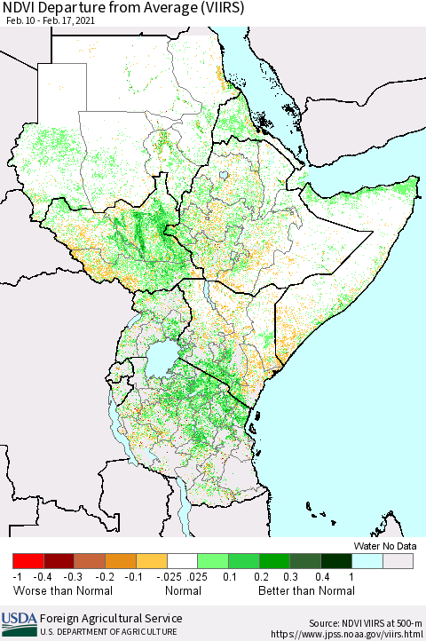 Eastern Africa NDVI Departure from Average (VIIRS) Thematic Map For 2/11/2021 - 2/20/2021