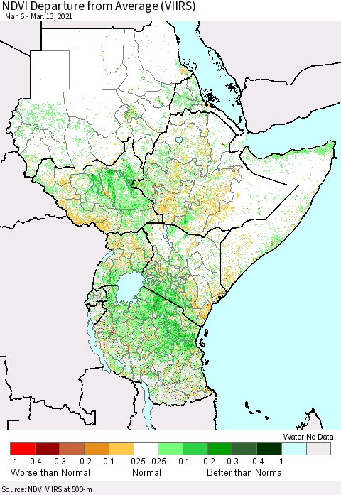 Eastern Africa NDVI Departure from Average (VIIRS) Thematic Map For 3/6/2021 - 3/13/2021