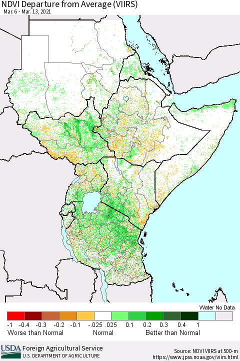Eastern Africa NDVI Departure from Average (VIIRS) Thematic Map For 3/11/2021 - 3/20/2021