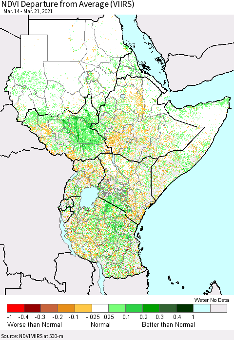 Eastern Africa NDVI Departure from Average (VIIRS) Thematic Map For 3/14/2021 - 3/21/2021