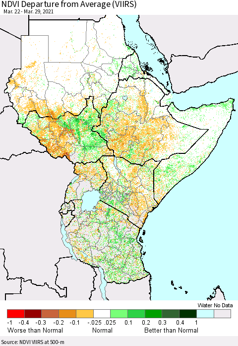 Eastern Africa NDVI Departure from Average (VIIRS) Thematic Map For 3/22/2021 - 3/29/2021