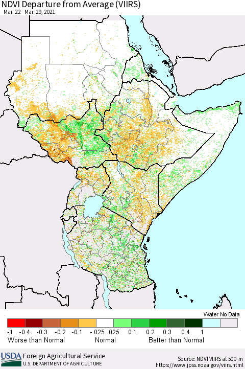 Eastern Africa NDVI Departure from Average (VIIRS) Thematic Map For 3/21/2021 - 3/31/2021