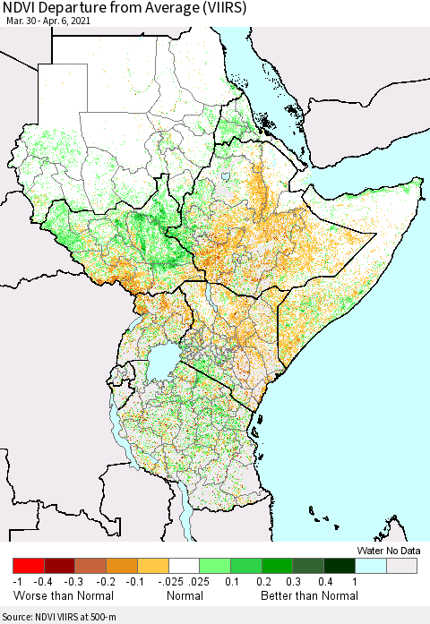 Eastern Africa NDVI Departure from Average (VIIRS) Thematic Map For 3/30/2021 - 4/6/2021