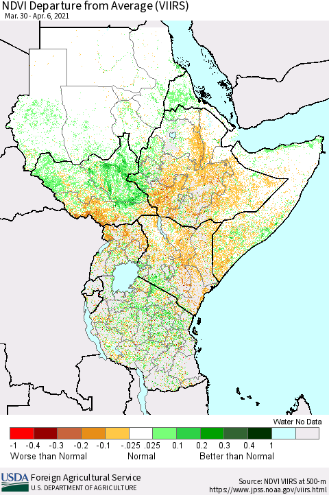 Eastern Africa NDVI Departure from Average (VIIRS) Thematic Map For 4/1/2021 - 4/10/2021