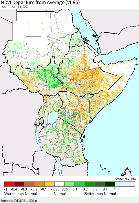 Eastern Africa NDVI Departure from Average (VIIRS) Thematic Map For 4/7/2021 - 4/14/2021