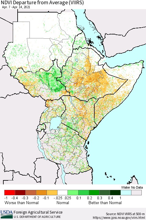 Eastern Africa NDVI Departure from Average (VIIRS) Thematic Map For 4/11/2021 - 4/20/2021
