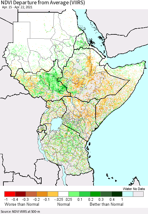 Eastern Africa NDVI Departure from Average (VIIRS) Thematic Map For 4/15/2021 - 4/22/2021