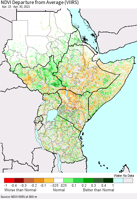 Eastern Africa NDVI Departure from Average (VIIRS) Thematic Map For 4/23/2021 - 4/30/2021