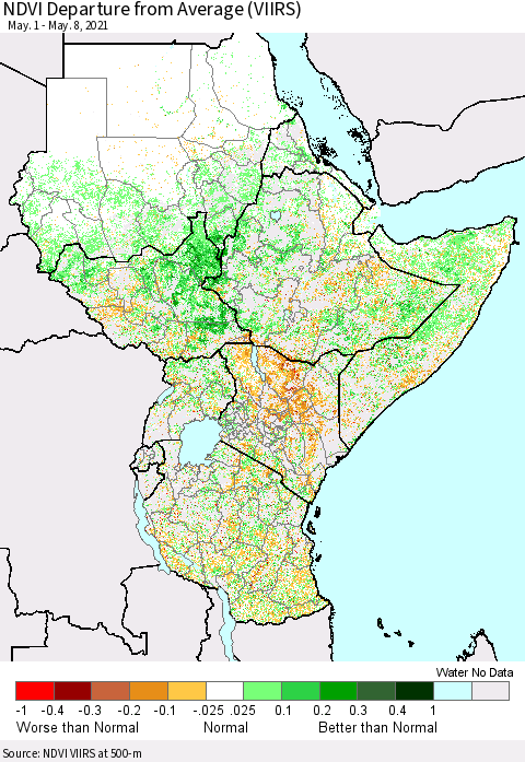 Eastern Africa NDVI Departure from Average (VIIRS) Thematic Map For 5/1/2021 - 5/8/2021
