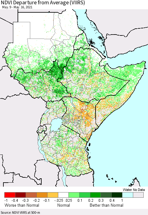 Eastern Africa NDVI Departure from Average (VIIRS) Thematic Map For 5/9/2021 - 5/16/2021