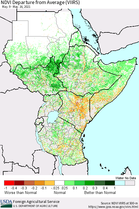 Eastern Africa NDVI Departure from Average (VIIRS) Thematic Map For 5/11/2021 - 5/20/2021