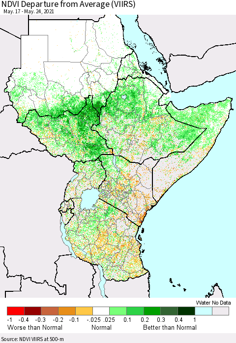 Eastern Africa NDVI Departure from Average (VIIRS) Thematic Map For 5/17/2021 - 5/24/2021