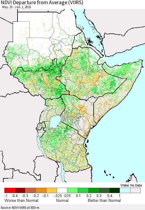 Eastern Africa NDVI Departure from Average (VIIRS) Thematic Map For 5/25/2021 - 6/1/2021