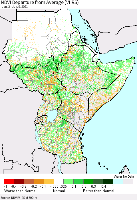 Eastern Africa NDVI Departure from Average (VIIRS) Thematic Map For 6/2/2021 - 6/9/2021