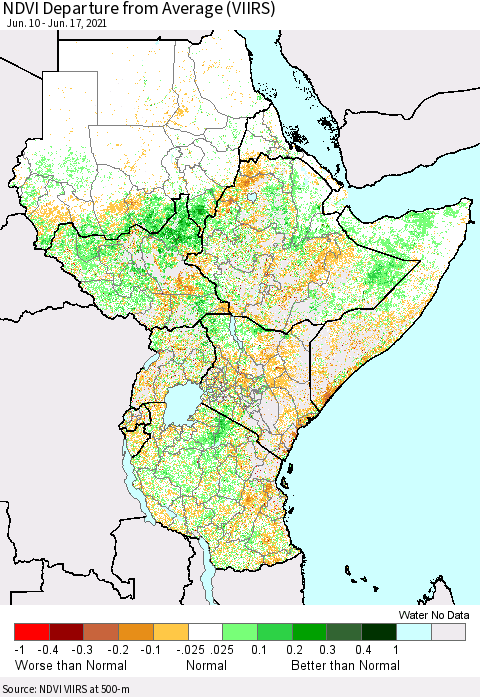 Eastern Africa NDVI Departure from Average (VIIRS) Thematic Map For 6/10/2021 - 6/17/2021