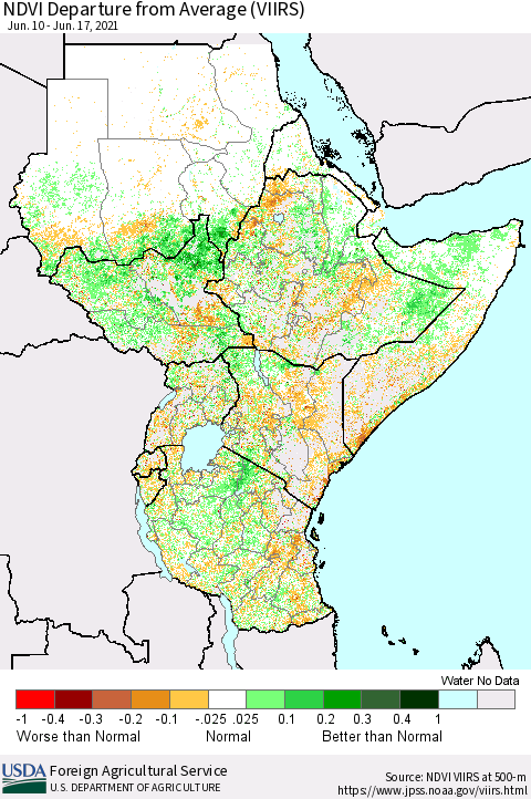 Eastern Africa NDVI Departure from Average (VIIRS) Thematic Map For 6/11/2021 - 6/20/2021