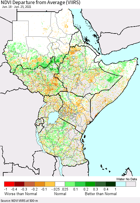 Eastern Africa NDVI Departure from Average (VIIRS) Thematic Map For 6/18/2021 - 6/25/2021