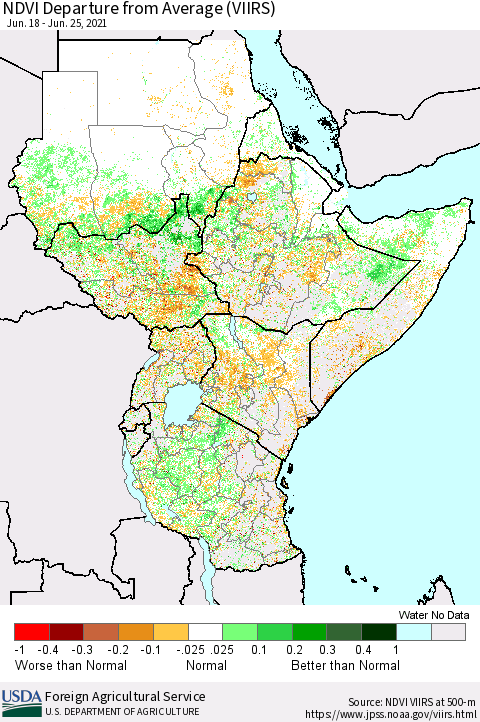 Eastern Africa NDVI Departure from Average (VIIRS) Thematic Map For 6/21/2021 - 6/30/2021