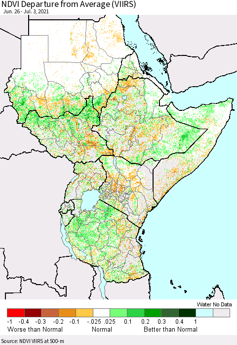 Eastern Africa NDVI Departure from Average (VIIRS) Thematic Map For 6/26/2021 - 7/3/2021