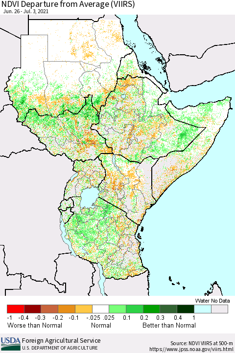 Eastern Africa NDVI Departure from Average (VIIRS) Thematic Map For 7/1/2021 - 7/10/2021
