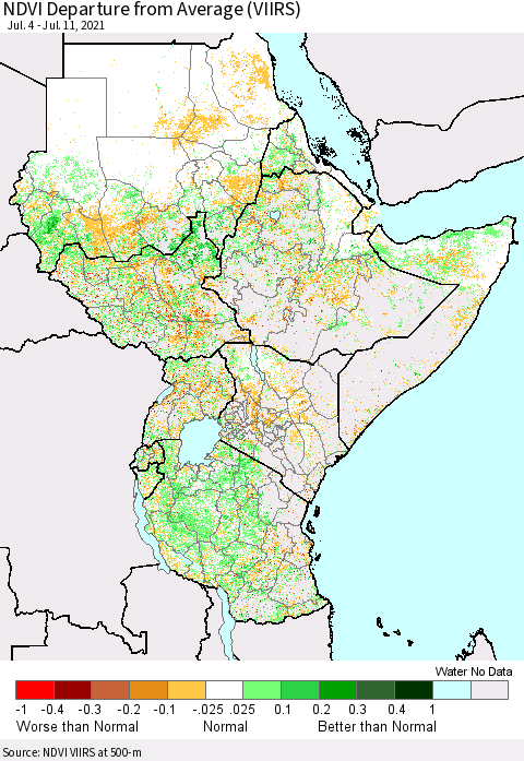 Eastern Africa NDVI Departure from Average (VIIRS) Thematic Map For 7/4/2021 - 7/11/2021
