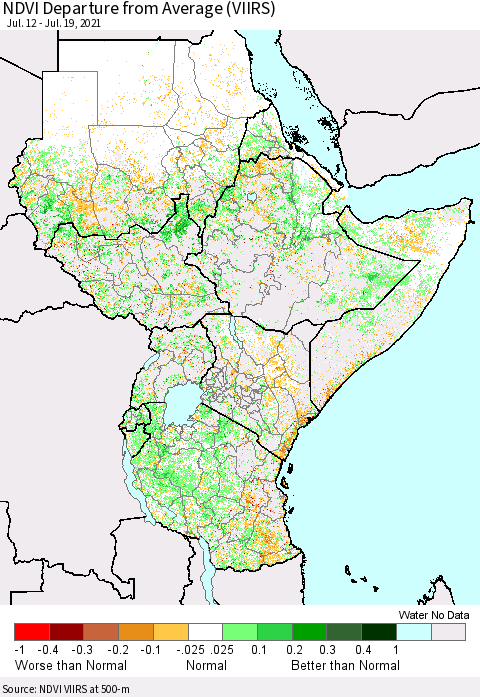 Eastern Africa NDVI Departure from Average (VIIRS) Thematic Map For 7/12/2021 - 7/19/2021