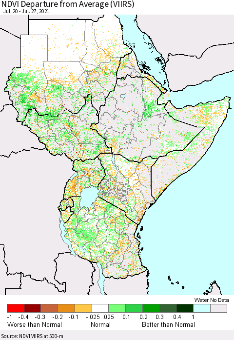 Eastern Africa NDVI Departure from Average (VIIRS) Thematic Map For 7/20/2021 - 7/27/2021