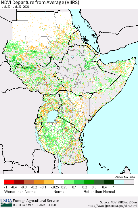 Eastern Africa NDVI Departure from Average (VIIRS) Thematic Map For 7/21/2021 - 7/31/2021