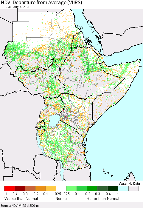 Eastern Africa NDVI Departure from Average (VIIRS) Thematic Map For 7/28/2021 - 8/4/2021