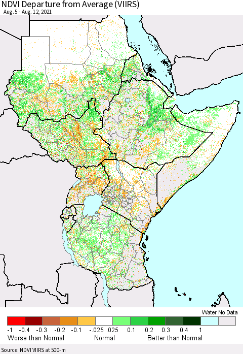Eastern Africa NDVI Departure from Average (VIIRS) Thematic Map For 8/5/2021 - 8/12/2021