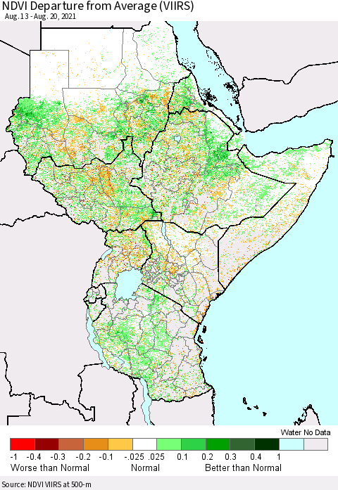Eastern Africa NDVI Departure from Average (VIIRS) Thematic Map For 8/11/2021 - 8/20/2021