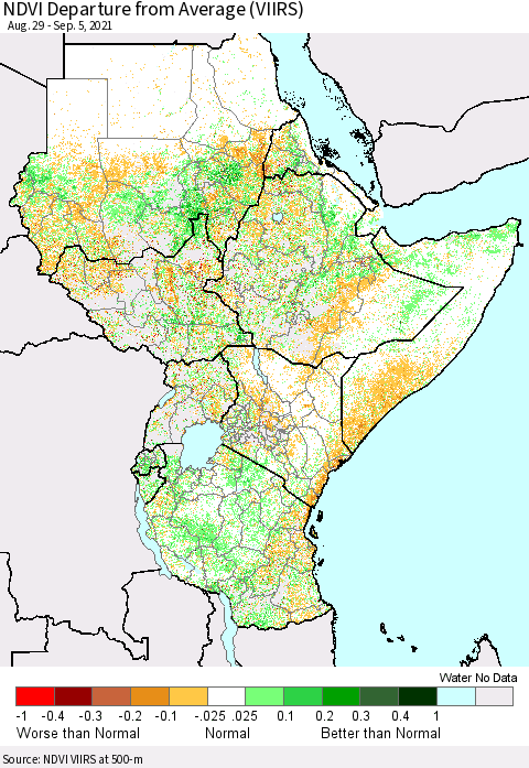 Eastern Africa NDVI Departure from Average (VIIRS) Thematic Map For 8/29/2021 - 9/5/2021