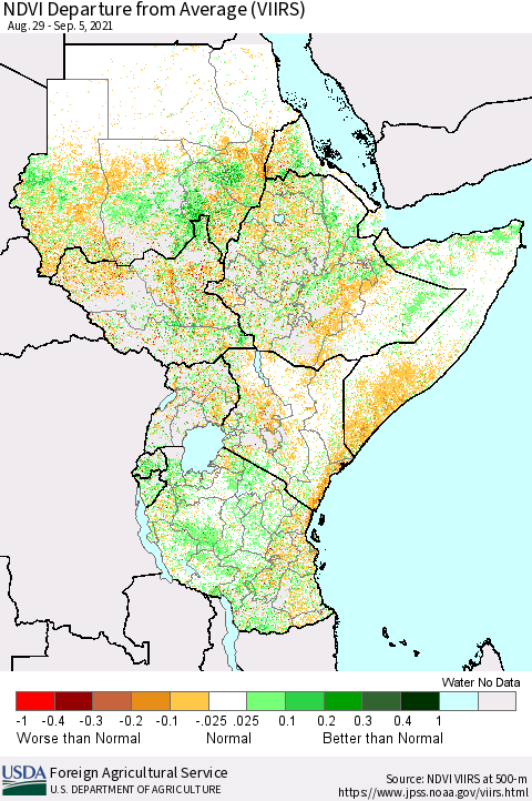 Eastern Africa NDVI Departure from Average (VIIRS) Thematic Map For 9/1/2021 - 9/10/2021